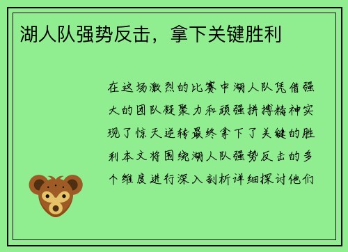 湖人队强势反击，拿下关键胜利