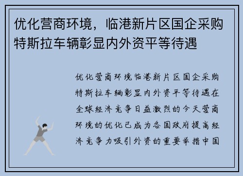 优化营商环境，临港新片区国企采购特斯拉车辆彰显内外资平等待遇
