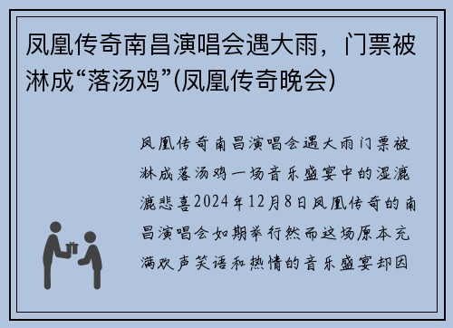 凤凰传奇南昌演唱会遇大雨，门票被淋成“落汤鸡”(凤凰传奇晚会)