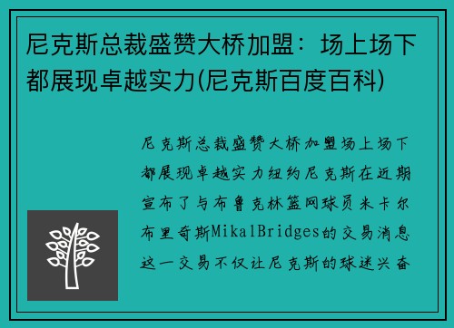 尼克斯总裁盛赞大桥加盟：场上场下都展现卓越实力(尼克斯百度百科)