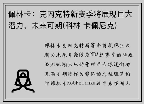 佩林卡：克内克特新赛季将展现巨大潜力，未来可期(科林 卡佩尼克)