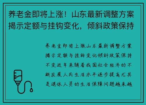 养老金即将上涨！山东最新调整方案揭示定额与挂钩变化，倾斜政策保持不变