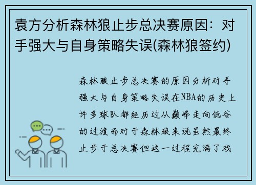 袁方分析森林狼止步总决赛原因：对手强大与自身策略失误(森林狼签约)