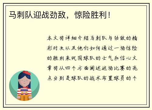 马刺队迎战劲敌，惊险胜利！
