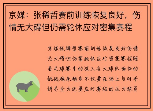 京媒：张稀哲赛前训练恢复良好，伤情无大碍但仍需轮休应对密集赛程